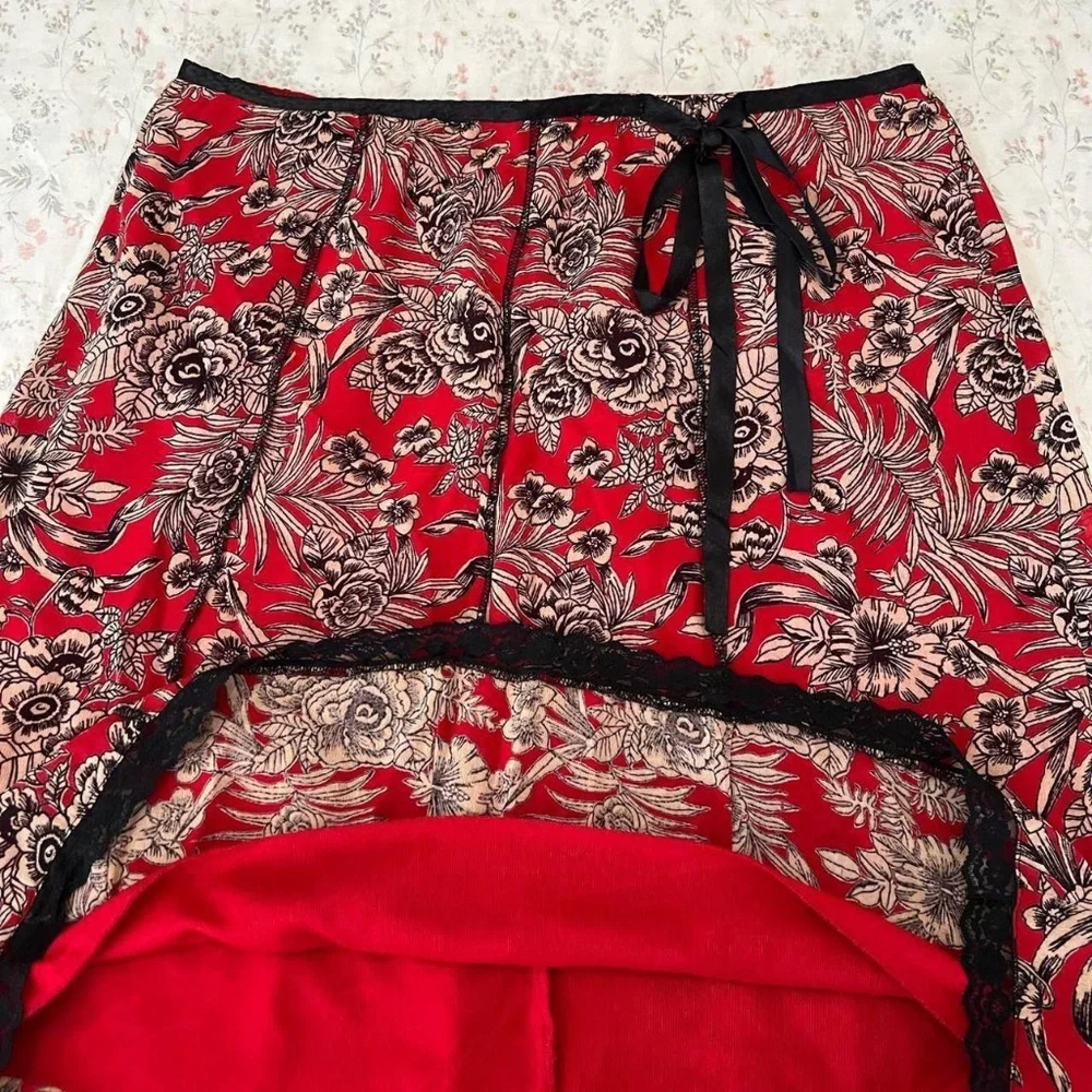 Mesh Y2k Vintage Euro Slip Skirt Roses with Black Lace Bow Tie Lined - Picture 2 of 8